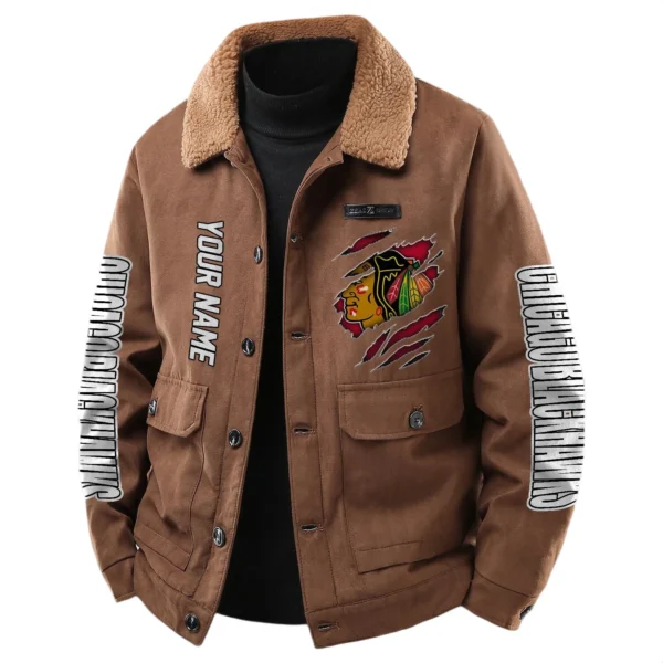 Chicago Blackhawks Men's Sherpa Collar Casual Jacket Button Front Casual Outerwear