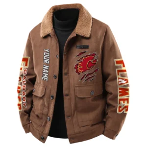 Calgary Flames Men's Sherpa Collar Casual Jacket Button Front Casual Outerwear
