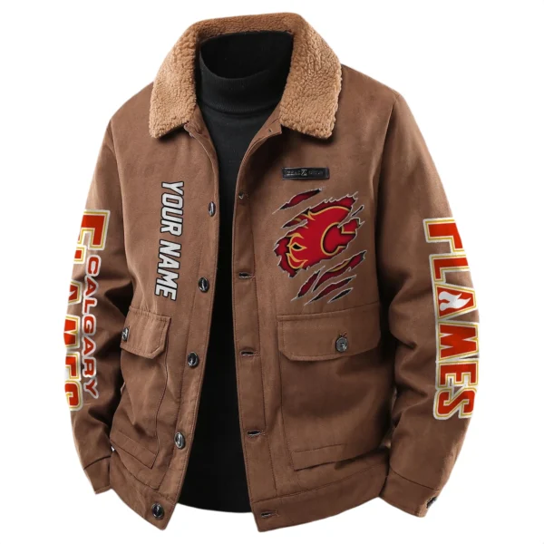 Calgary Flames Men's Sherpa Collar Casual Jacket Button Front Casual Outerwear
