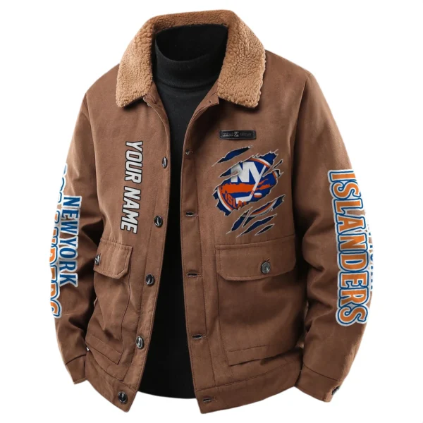 New York Islanders Men's Sherpa Collar Casual Jacket Button Front Casual Outerwear