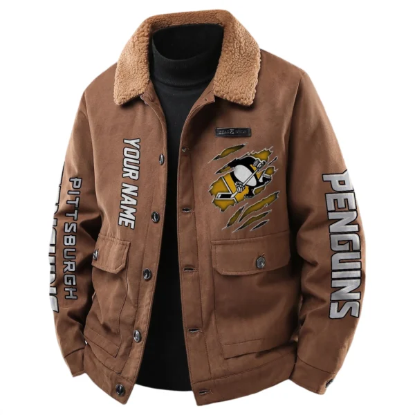 Pittsburgh Penguins Men's Sherpa Collar Casual Jacket Button Front Casual Outerwear