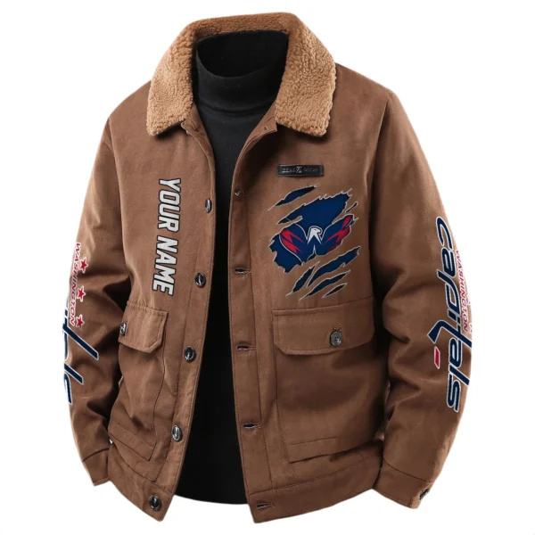 Washington Capitals Men's Sherpa Collar Casual Jacket Button Front Casual Outerwear