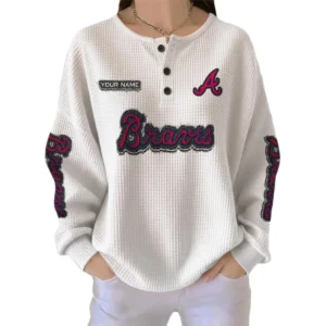Atlanta Braves Women's Long Sleeve Shirt Waffle Knit Button Front Personalize Name