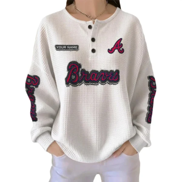 Atlanta Braves Women's Long Sleeve Shirt Waffle Knit Button Front Personalize Name