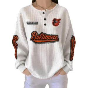 Baltimore Orioles Women's Long Sleeve Shirt Waffle Knit Button Front Personalize Name