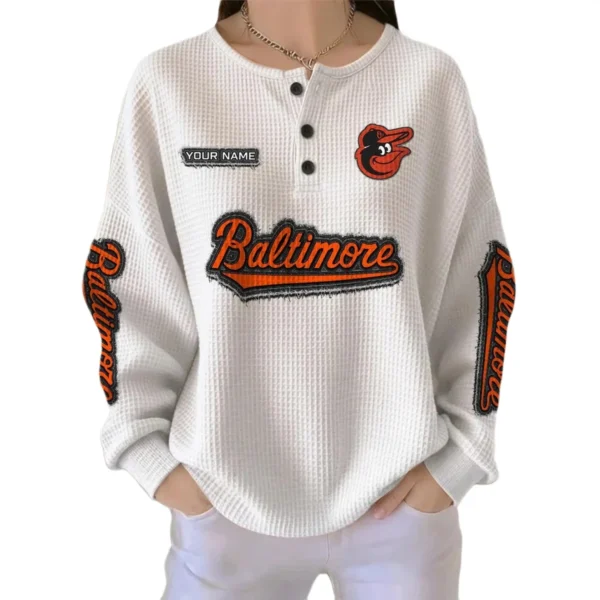 Baltimore Orioles Women's Long Sleeve Shirt Waffle Knit Button Front Personalize Name