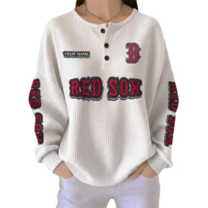Boston Red Sox Women's Long Sleeve Shirt Waffle Knit Button Front Personalize Name