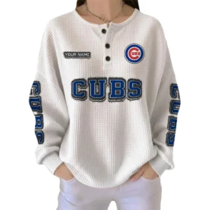 Chicago Cubs Women's Long Sleeve Shirt Waffle Knit Button Front Personalize Name