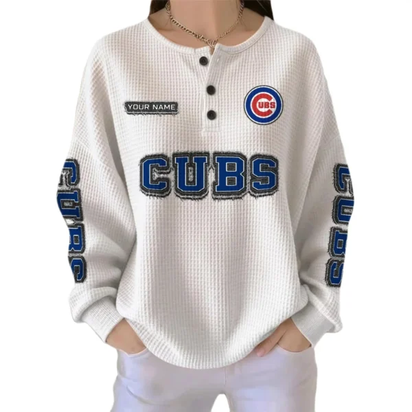 Chicago Cubs Women's Long Sleeve Shirt Waffle Knit Button Front Personalize Name