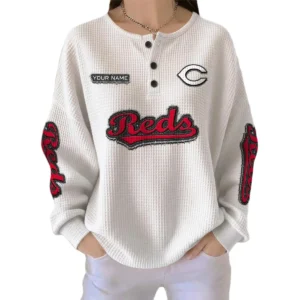 Cincinnati Reds Women's Long Sleeve Shirt Waffle Knit Button Front Personalize Name