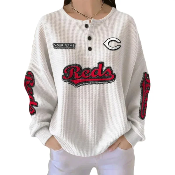 Cincinnati Reds Women's Long Sleeve Shirt Waffle Knit Button Front Personalize Name