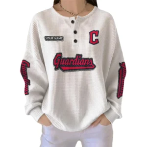 Cleveland Guardians Women's Long Sleeve Shirt Waffle Knit Button Front Personalize Name
