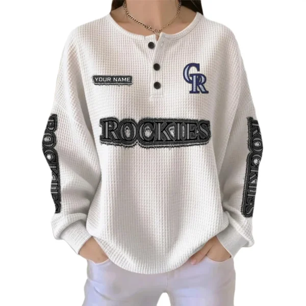 Colorado Rockies Women's Long Sleeve Shirt Waffle Knit Button Front Personalize Name