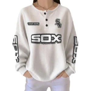Chicago White Sox Women's Long Sleeve Shirt Waffle Knit Button Front Personalize Name