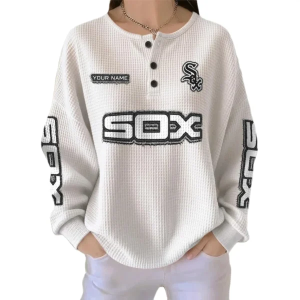 Chicago White Sox Women's Long Sleeve Shirt Waffle Knit Button Front Personalize Name