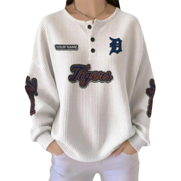 Detroit Tigers Women's Long Sleeve Shirt Waffle Knit Button Front Personalize Name