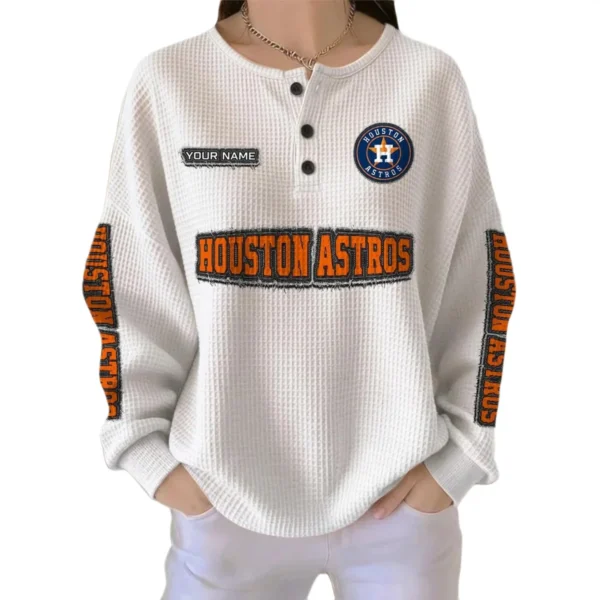 Houston Astros Women's Long Sleeve Shirt Waffle Knit Button Front Personalize Name