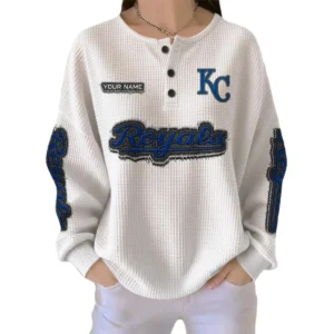 Kansas City Royals Women's Long Sleeve Shirt Waffle Knit Button Front Personalize Name