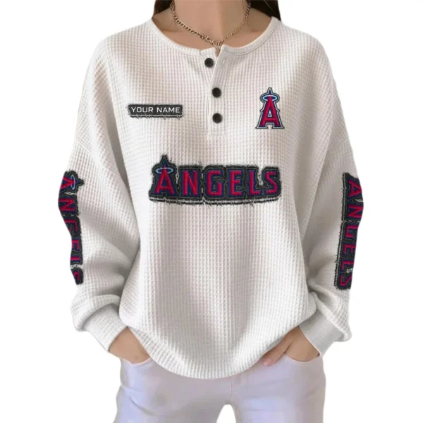 Los Angeles Angels Women's Long Sleeve Shirt Waffle Knit Button Front Personalize Name