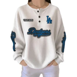 Los Angeles Dodgers Women's Long Sleeve Shirt Waffle Knit Button Front Personalize Name