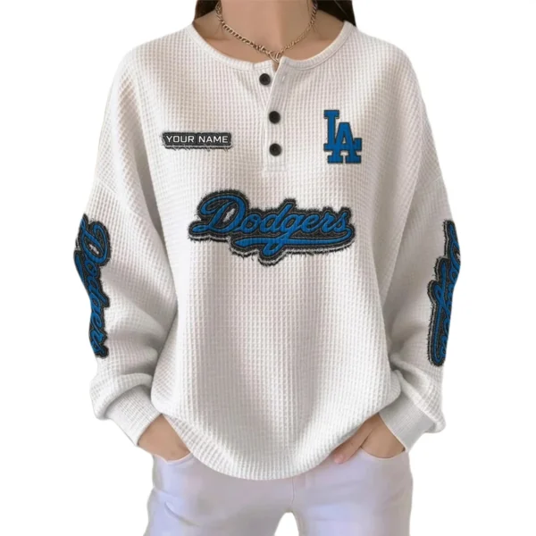 Los Angeles Dodgers Women's Long Sleeve Shirt Waffle Knit Button Front Personalize Name