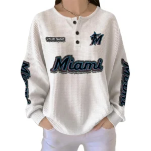 Miami Marlins Women's Long Sleeve Shirt Waffle Knit Button Front Personalize Name