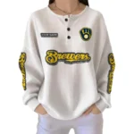 Milwaukee Brewers Women's Long Sleeve Shirt Waffle Knit Button Front Personalize Name