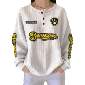 Milwaukee Brewers Women's Long Sleeve Shirt Waffle Knit Button Front Personalize Name