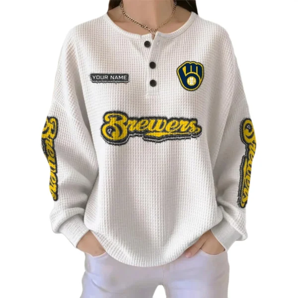 Milwaukee Brewers Women's Long Sleeve Shirt Waffle Knit Button Front Personalize Name