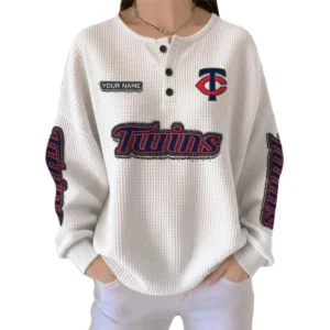 Minnesota Twins Women's Long Sleeve Shirt Waffle Knit Button Front Personalize Name