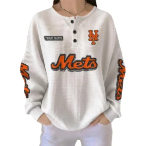 New York Mets Women's Long Sleeve Shirt Waffle Knit Button Front Personalize Name