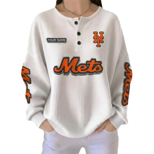 New York Mets Women's Long Sleeve Shirt Waffle Knit Button Front Personalize Name