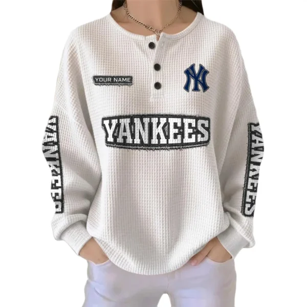 New York Yankees Women's Long Sleeve Shirt Waffle Knit Button Front Personalize Name