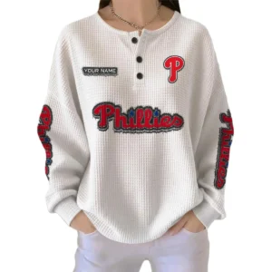 Philadelphia Phillies Women's Long Sleeve Shirt Waffle Knit Button Front Personalize Name