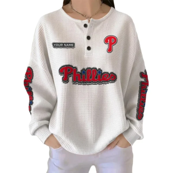 Philadelphia Phillies Women's Long Sleeve Shirt Waffle Knit Button Front Personalize Name