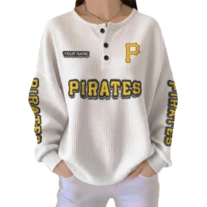 Pittsburgh Pirates Women's Long Sleeve Shirt Waffle Knit Button Front Personalize Name