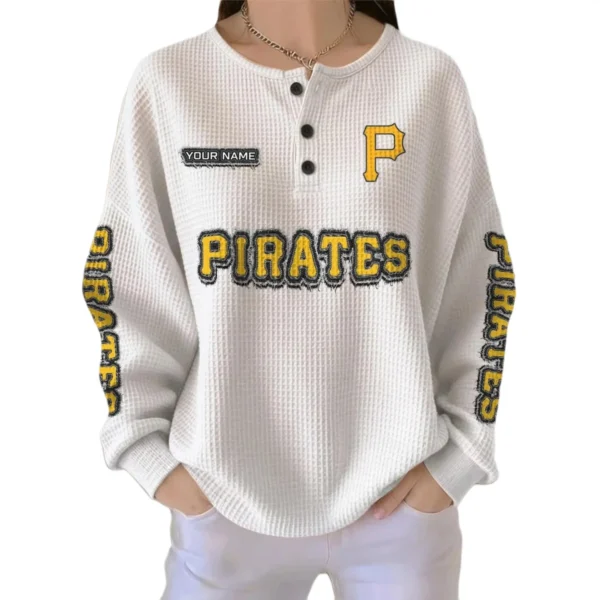 Pittsburgh Pirates Women's Long Sleeve Shirt Waffle Knit Button Front Personalize Name