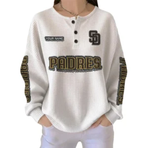 San Diego Padres Women's Long Sleeve Shirt Waffle Knit Button Front Personalize Name