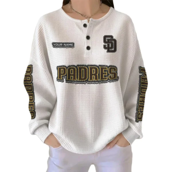 San Diego Padres Women's Long Sleeve Shirt Waffle Knit Button Front Personalize Name
