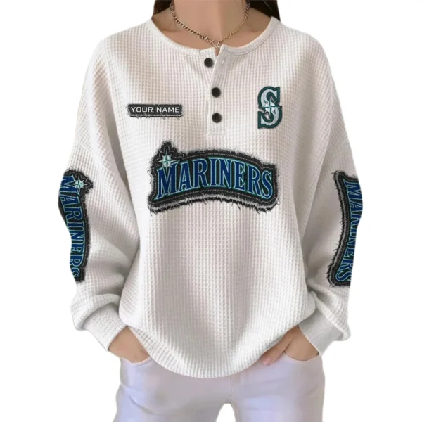Seattle Mariners Women's Long Sleeve Shirt Waffle Knit Button Front Personalize Name