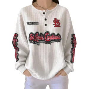 St. Louis Cardinals Women's Long Sleeve Shirt Waffle Knit Button Front Personalize Name