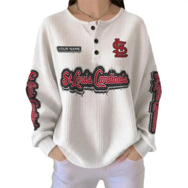 St. Louis Cardinals Women's Long Sleeve Shirt Waffle Knit Button Front Personalize Name