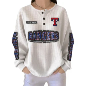 Texas Rangers Women's Long Sleeve Shirt Waffle Knit Button Front Personalize Name