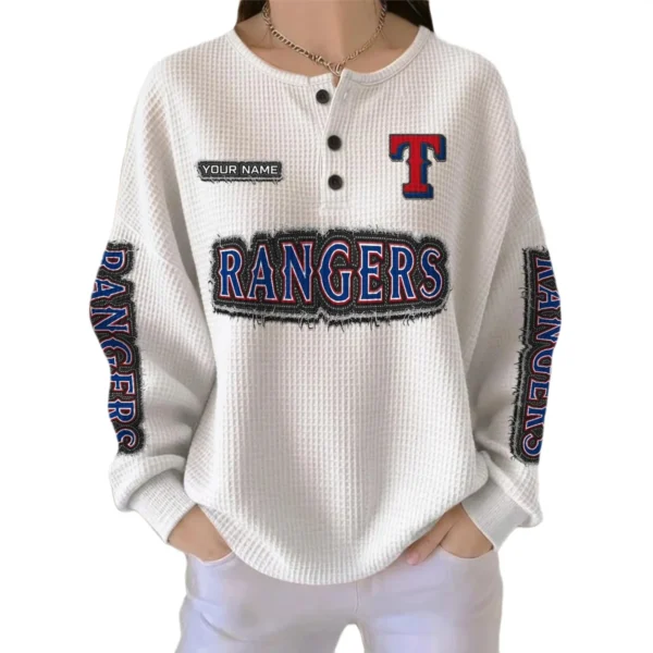 Texas Rangers Women's Long Sleeve Shirt Waffle Knit Button Front Personalize Name