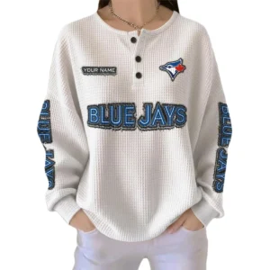 Toronto Blue Jays Women's Long Sleeve Shirt Waffle Knit Button Front Personalize Name