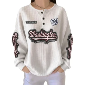Washington Nationals Women's Long Sleeve Shirt Waffle Knit Button Front Personalize Name