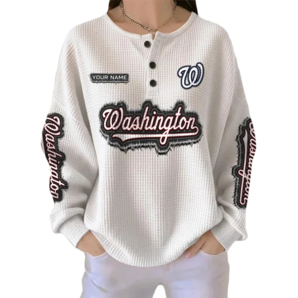 Washington Nationals Women's Long Sleeve Shirt Waffle Knit Button Front Personalize Name