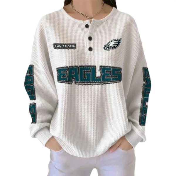 Philadelphia Eagles Women’s Waffle Knit Button Front Long Sleeve Shirt Personalize Name