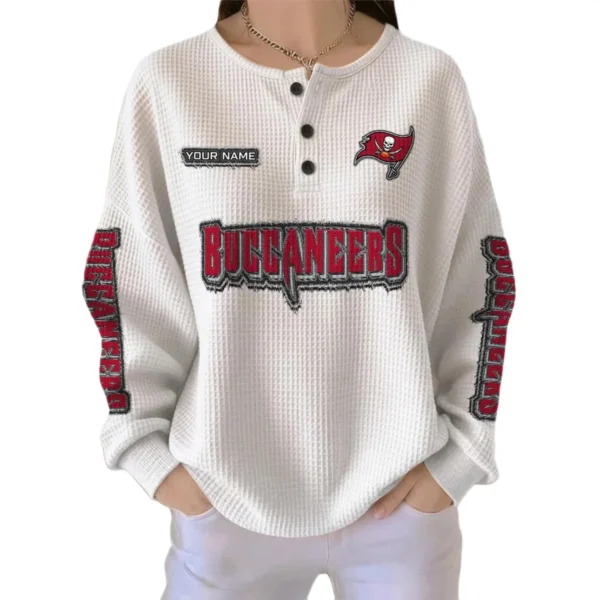 Tampa Bay Buccaneers Button Front Long Sleeve Shirt Women’s Waffle Knit Personalize Name