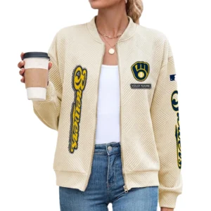 Milwaukee Brewers Women Bomber Jacket Stand Collar Full Zip Outerwear Personalize Name